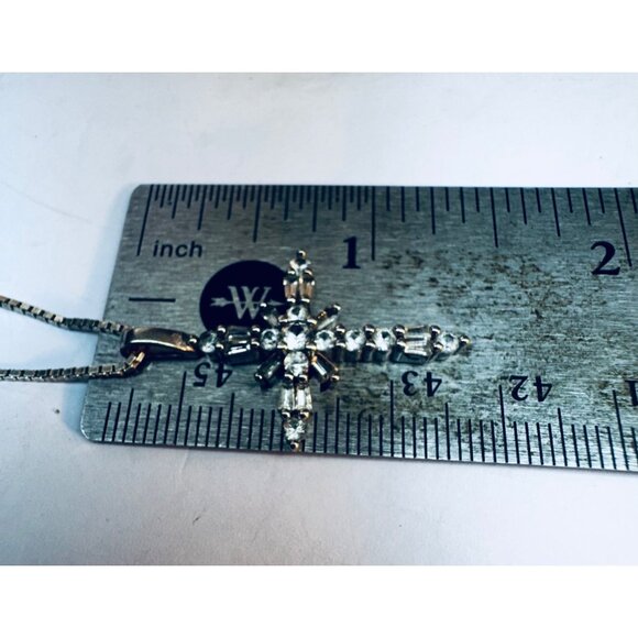 Sterling Silver 925 Cross Pendant Necklace w/ Clear Stones, 20” Chain Vintage - Picture 8 of 11